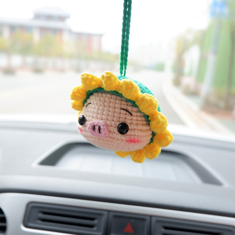 Cute Car Mirror Accessory, Crochet Sunflower/Frog/Strawberry Hat Piggy Car Rear View Mirror Hanging Accessory, Kawaii Car Interior Accessory