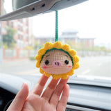 Cute Car Mirror Accessory, Crochet Sunflower/Frog/Strawberry Hat Piggy Car Rear View Mirror Hanging Accessory, Kawaii Car Interior Accessory