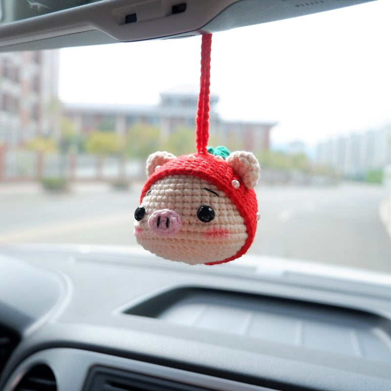 Cute Car Mirror Accessory, Crochet Sunflower/Frog/Strawberry Hat Piggy Car Rear View Mirror Hanging Accessory, Kawaii Car Interior Accessory