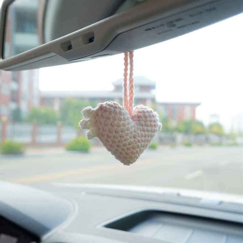 2Pcs Crochet Hearts Wings Car Mirror Accessories, Cute Hearts Car Rear View Mirror Hanging Accessory for Women, Car Interior Decor Boho