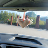 2Pcs Crochet Hearts Wings Car Mirror Accessories, Cute Hearts Car Rear View Mirror Hanging Accessory for Women, Car Interior Decor Boho