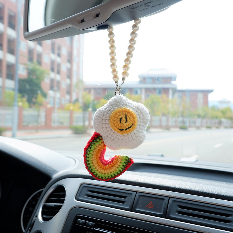 Crochet Smile Poached Egg & Rainbow Car Mirror Accessory, Cute Smiley Face Car Rear View Mirror Hanging Accessory, Car Interior Decor Boho