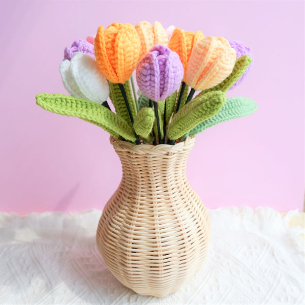 Crochet Tulip Bouquet, Rainbow Tulip Flower Bunch, Crochet Floral Arrangements, Knitted Everlasting Flower, Office Desk Decor, Gift for Her