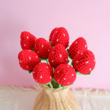 Crochet Strawberry & Daisy Bouquet, Red Strawberry Bunch, Crochet Floral Arrangements, Knitted Everlasting Flower, Office Desk Decor