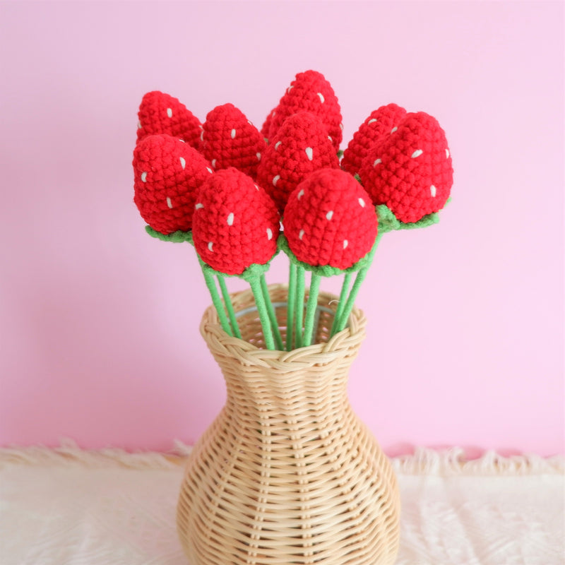 Crochet Strawberry & Daisy Bouquet, Red Strawberry Bunch, Crochet Floral Arrangements, Knitted Everlasting Flower, Office Desk Decor