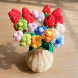 Crochet Strawberry & Daisy Bouquet, Red Strawberry Bunch, Crochet Floral Arrangements, Knitted Everlasting Flower, Office Desk Decor