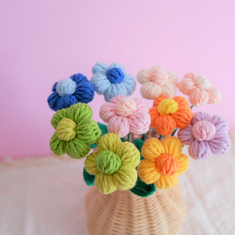 Crochet Fluffy Flower Bouquet, Rainbow Flower Bunch, Crochet Floral Arrangements, Knitted Everlasting Flower, Housewarming Gifts