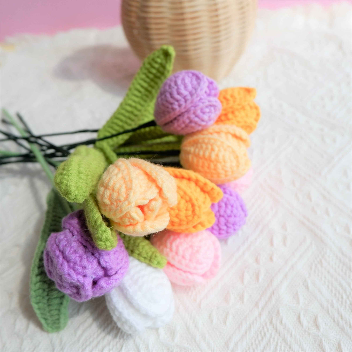 Handmade rainbow tulip crochet flowers with detailed petals