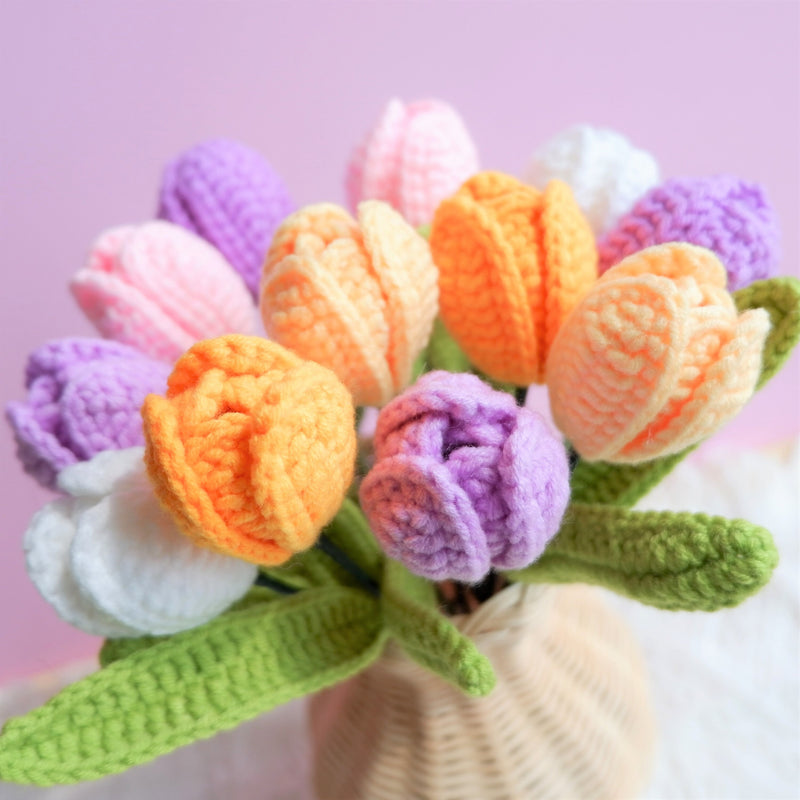 Crochet Tulip Bouquet, Rainbow Tulip Flower Bunch, Crochet Floral Arrangements, Knitted Everlasting Flower, Office Desk Decor, Gift for Her