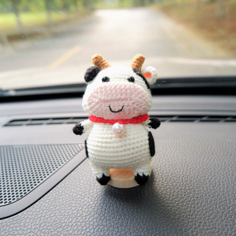 Crochet Cow Car Dashboard Decor, Chunky Cow Car Dashboard Accessory, Cute Interior Car Accessory for Women, Animal Car Charm, Gifts for Her