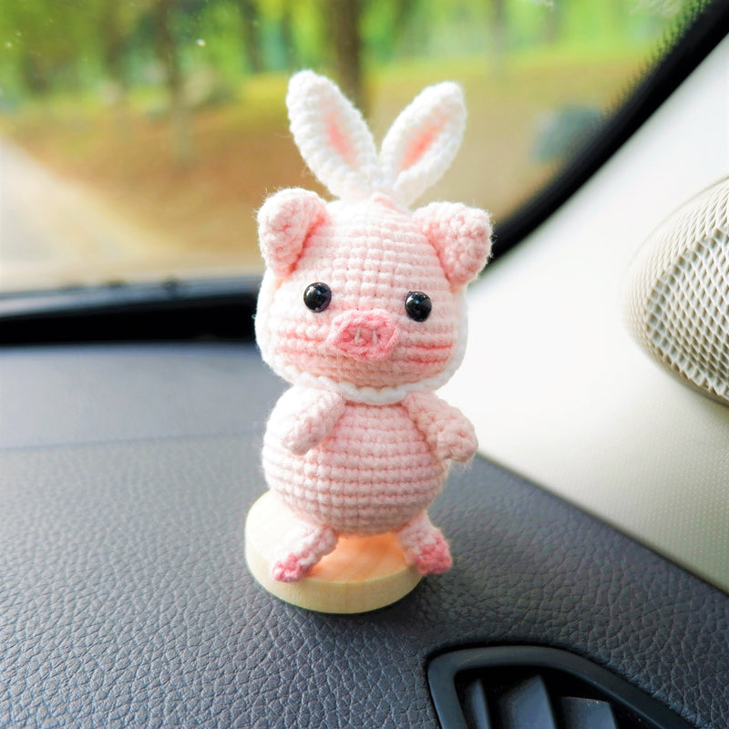 Crochet Piggy Car Dashboard Decor, Piggy with Bunny Ears Car Dashboard Accessory, Kawaii Car Interior Accessory  for Women, Gift for Her