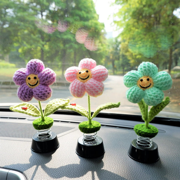 Crochet Smiley Waffle Flower Car Dashboard Bobblehead Decor, Cute Car Accessories Interior for Women, Boho Car Air Freshener, Mothers Day