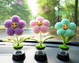 Crochet Smiley Waffle Flower Car Dashboard Bobblehead Decor, Cute Car Accessories Interior for Women, Boho Car Air Freshener, Mothers Day