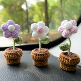 3pcs/2Pcs Mini Daisy Flower Car Accessories, Crochet Fluffy Flower Car Dashboard Decor, Boho Mini Potted Plant Car Interior Accessory