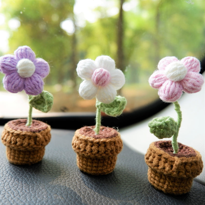 3pcs/2Pcs Mini Daisy Flower Car Accessories, Crochet Fluffy Flower Car Dashboard Decor, Boho Mini Potted Plant Car Interior Accessory