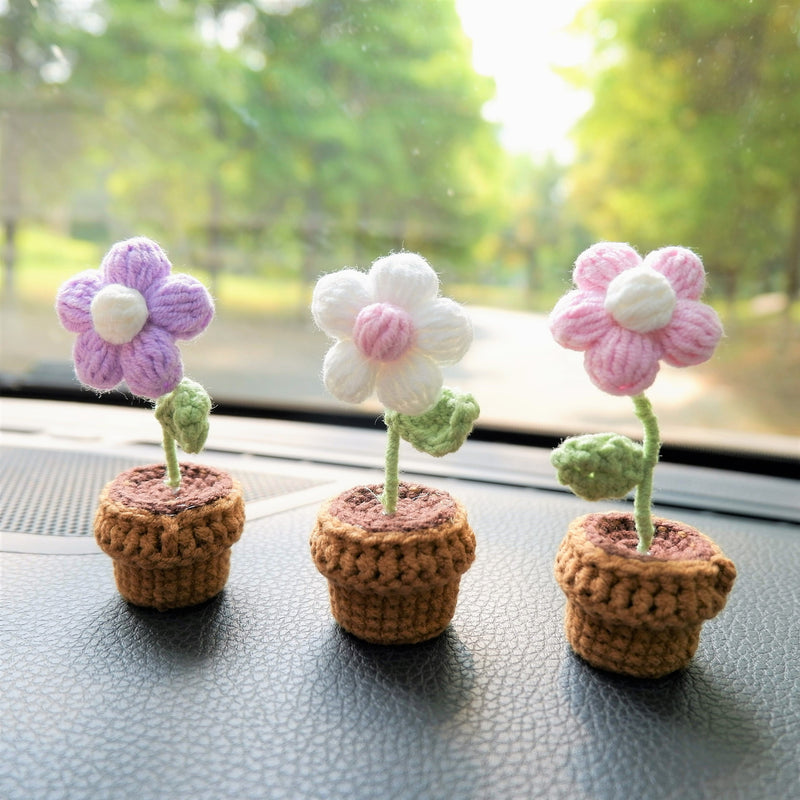 3pcs/2Pcs Mini Daisy Flower Car Accessories, Crochet Fluffy Flower Car Dashboard Decor, Boho Mini Potted Plant Car Interior Accessory