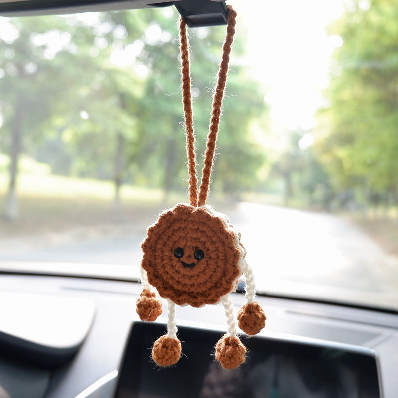 Crochet Cookie Doll Car Hanging Accessory, Kawaii Smiley Cookie Doll Car Mirror Hanging Accessory, Funny Car Interior Decor for Women/Teens