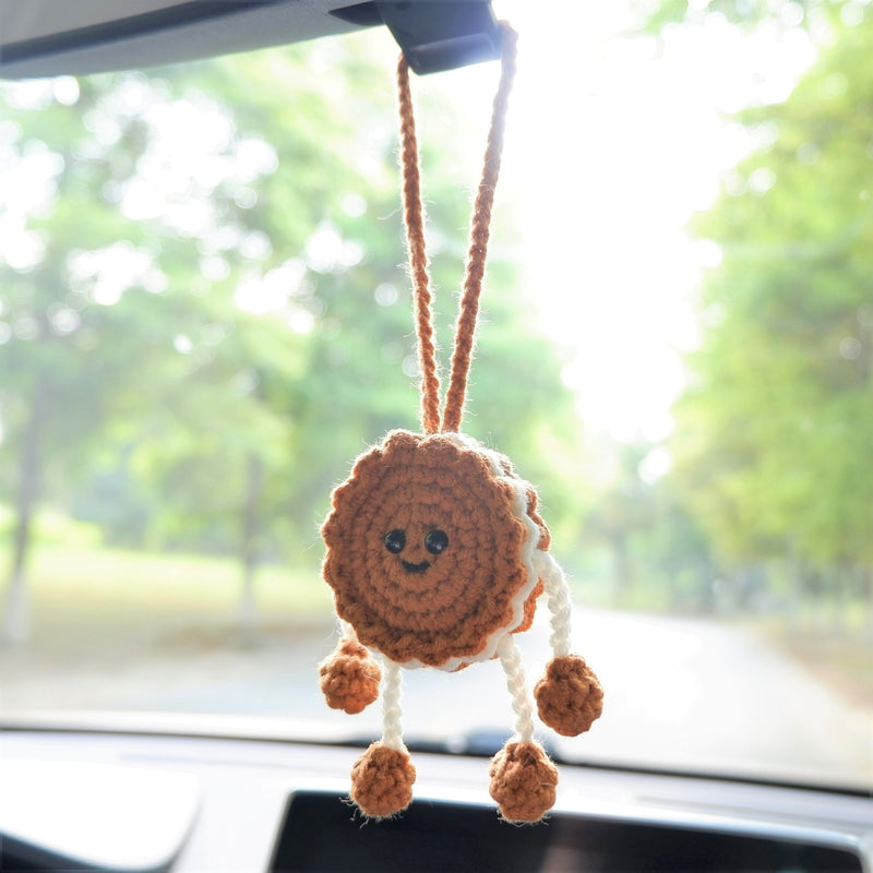 Crochet Cookie Doll Car Hanging Accessory, Kawaii Smiley Cookie Doll Car Mirror Hanging Accessory, Funny Car Interior Decor for Women/Teens