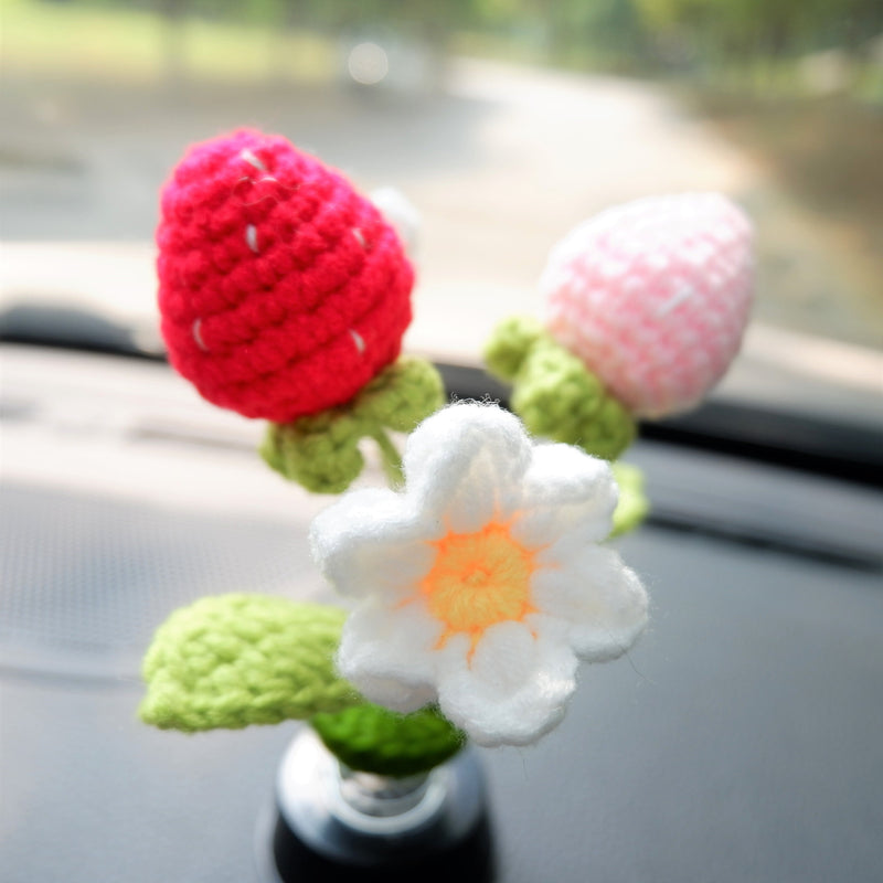 Cute Strawberry Car Interior Accessories, Crochet Strawberry & Daisy Car Dashboard Decor, Car Air Freshener, Boho Car Bobblehead Accessory