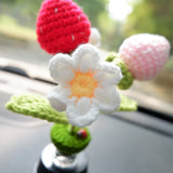 Cute Strawberry Car Interior Accessories, Crochet Strawberry & Daisy Car Dashboard Decor, Car Air Freshener, Boho Car Bobblehead Accessory