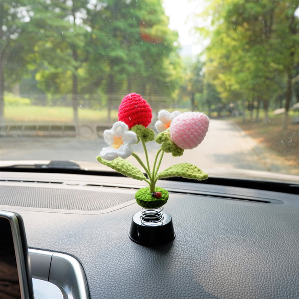 Cute Strawberry Car Interior Accessories, Crochet Strawberry & Daisy Car Dashboard Decor, Car Air Freshener, Boho Car Bobblehead Accessory