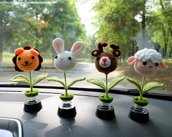 Crochet Animals Car Dashboard Decor, Cute Bobblehead Lion/Bunny/Deer/Sheep Car Interior Accessory for Women/Teens, Boho Car Air Freshener