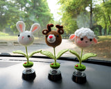 Crochet Animals Car Dashboard Decor, Cute Bobblehead Lion/Bunny/Deer/Sheep Car Interior Accessory for Women/Teens, Boho Car Air Freshener