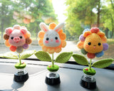 Cute Bobblehead Animals Car Dashboard Decor, Crochet Rainbow Sunflower Pig/Bunny/Bear Car Accessory for Women/Teens, Boho Car Air Freshener