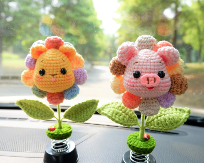 Cute Bobblehead Animals Car Dashboard Decor, Crochet Rainbow Sunflower Pig/Bunny/Bear Car Accessory for Women/Teens, Boho Car Air Freshener