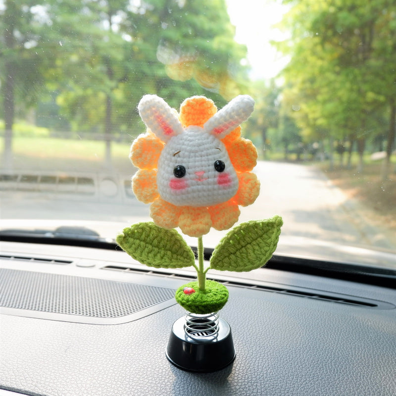 Cute Bobblehead Animals Car Dashboard Decor, Crochet Rainbow Sunflower Pig/Bunny/Bear Car Accessory for Women/Teens, Boho Car Air Freshener