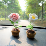 3pcs/2Pcs Mini Rose/Lily of the Valley Car Interior Accessories, Boho Gradient Rose Car Dashboard Decor, Cute Crochet Mini Potted Plant