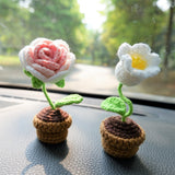 3pcs/2Pcs Mini Rose/Lily of the Valley Car Interior Accessories, Boho Gradient Rose Car Dashboard Decor, Cute Crochet Mini Potted Plant