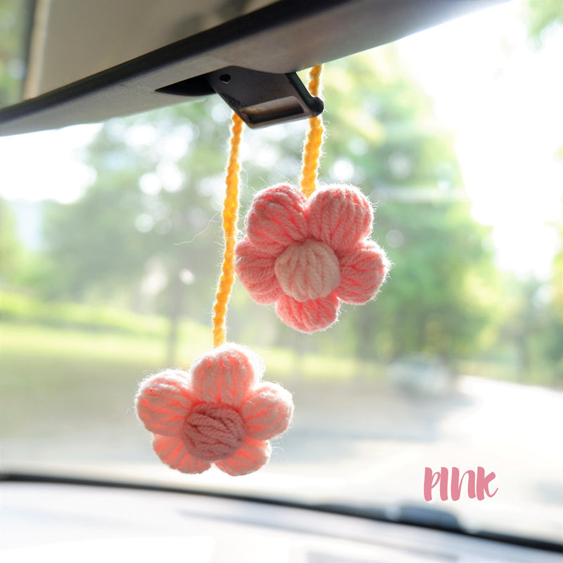 2Pcs Crochet Fluffy Flower Car Hanging Accessories, Cute Pastel Daisy Car Mirror Hanging Accessory for Women, Car Interior Decor Boho