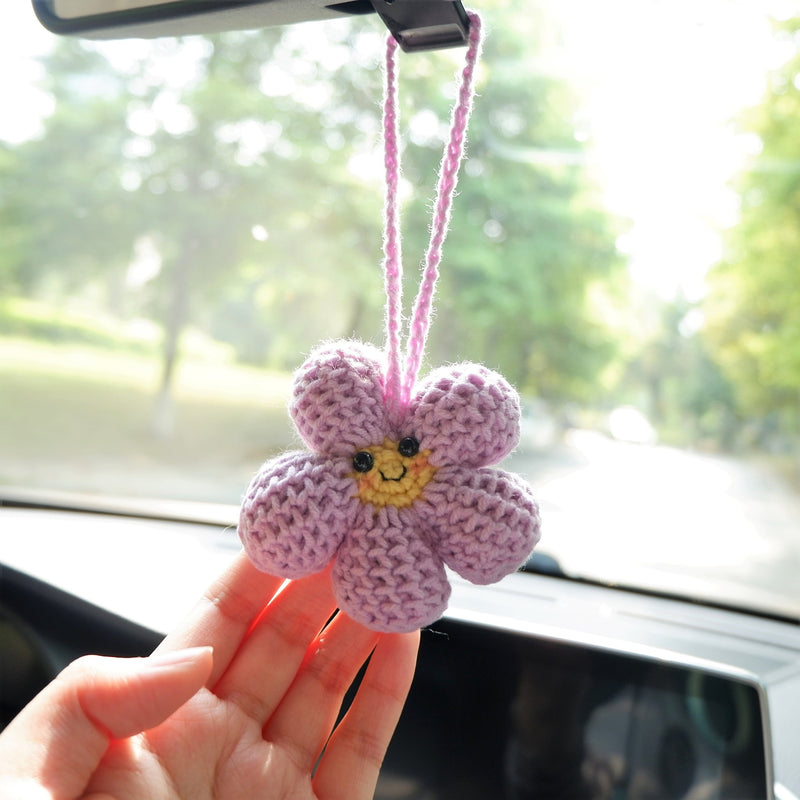 Kawaii Smiley Waffle Flower Car Mirror Hanging Accessories, Crochet Flower Car Rear View Mirror Accessories, Car Mirror Charm Hanging Decor