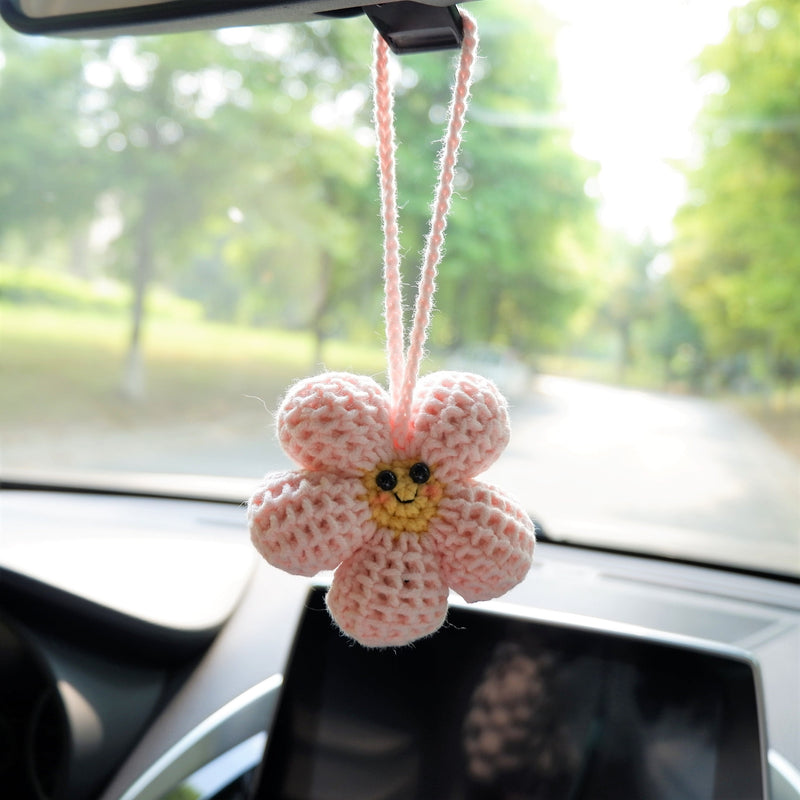 Kawaii Smiley Waffle Flower Car Mirror Hanging Accessories, Crochet Flower Car Rear View Mirror Accessories, Car Mirror Charm Hanging Decor