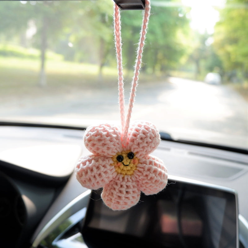 Kawaii Smiley Waffle Flower Car Mirror Hanging Accessories, Crochet Flower Car Rear View Mirror Accessories, Car Mirror Charm Hanging Decor