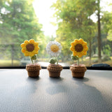 3pcs/2Pcs Mini Sunflower/Daisy Flower Car Accessories, Cute Crochet Mini Potted Plant Car Dashboard Decor, Boho Car Interior Accessory