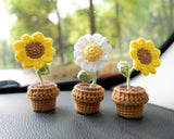 3pcs/2Pcs Mini Sunflower/Daisy Flower Car Accessories, Cute Crochet Mini Potted Plant Car Dashboard Decor, Boho Car Interior Accessory