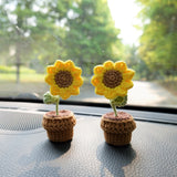 3pcs/2Pcs Mini Sunflower/Daisy Flower Car Accessories, Cute Crochet Mini Potted Plant Car Dashboard Decor, Boho Car Interior Accessory