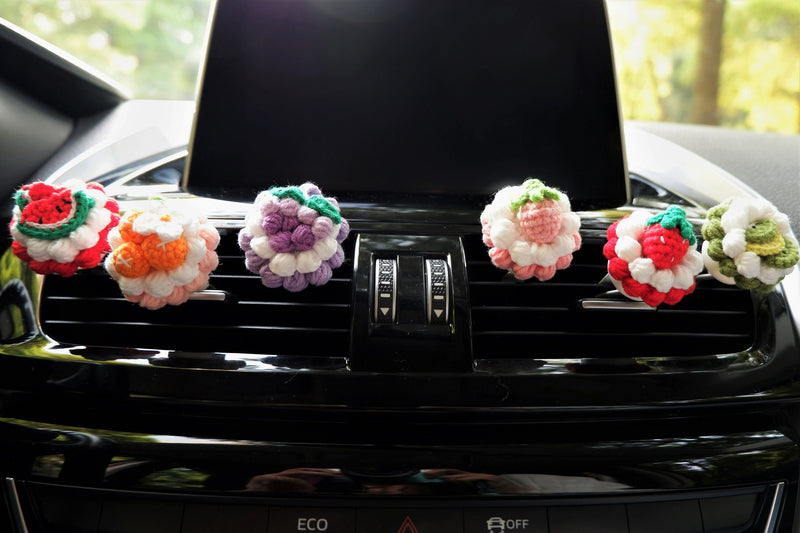 Crochet Fruit Pie Car Vent Clips Air Freshener, Strawberry/Watermelon/Grape Pie Air Vent Clip, Cute Interior Car Accessory, Car Mask Hanger