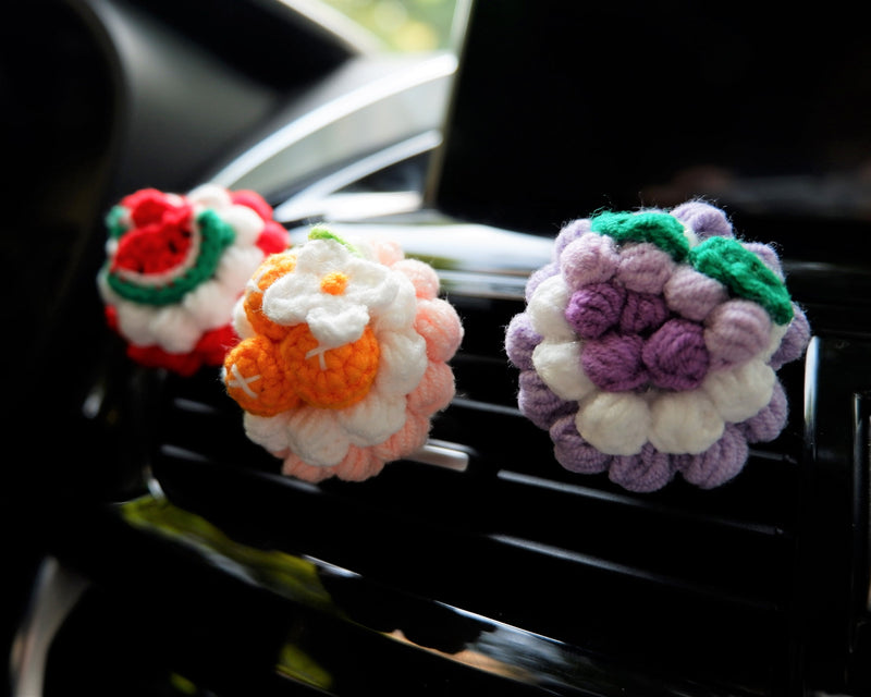 Crochet Fruit Pie Car Vent Clips Air Freshener, Strawberry/Watermelon/Grape Pie Air Vent Clip, Cute Interior Car Accessory, Car Mask Hanger