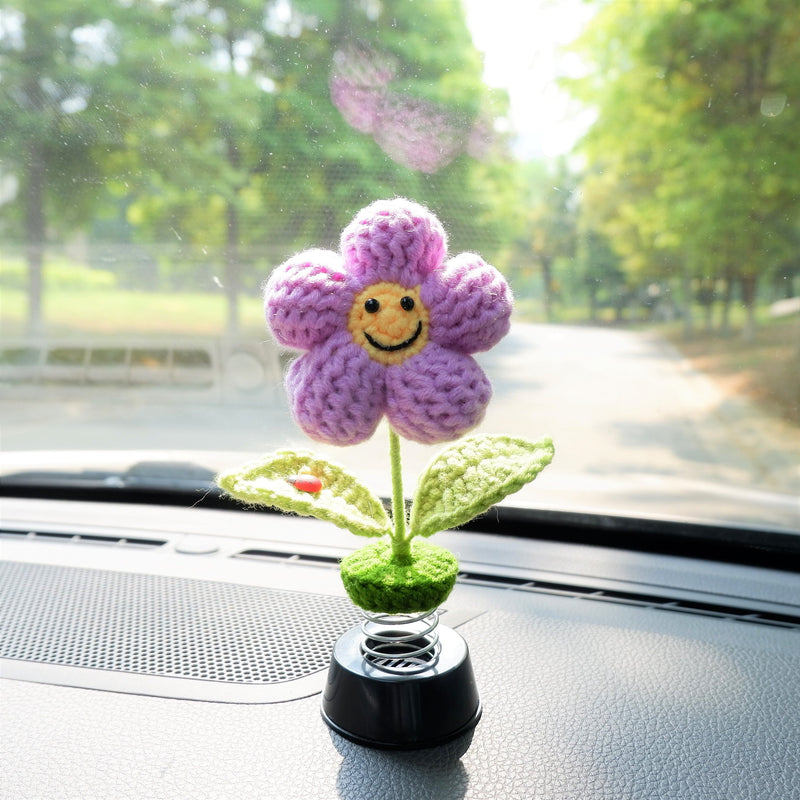 Crochet Smiley Waffle Flower Car Dashboard Bobblehead Decor, Cute Car Accessories Interior for Women, Boho Car Air Freshener, Mothers Day