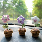 3pcs/2Pcs Mini Daisy Flower Car Accessories, Crochet Fluffy Flower Car Dashboard Decor, Boho Mini Potted Plant Car Interior Accessory