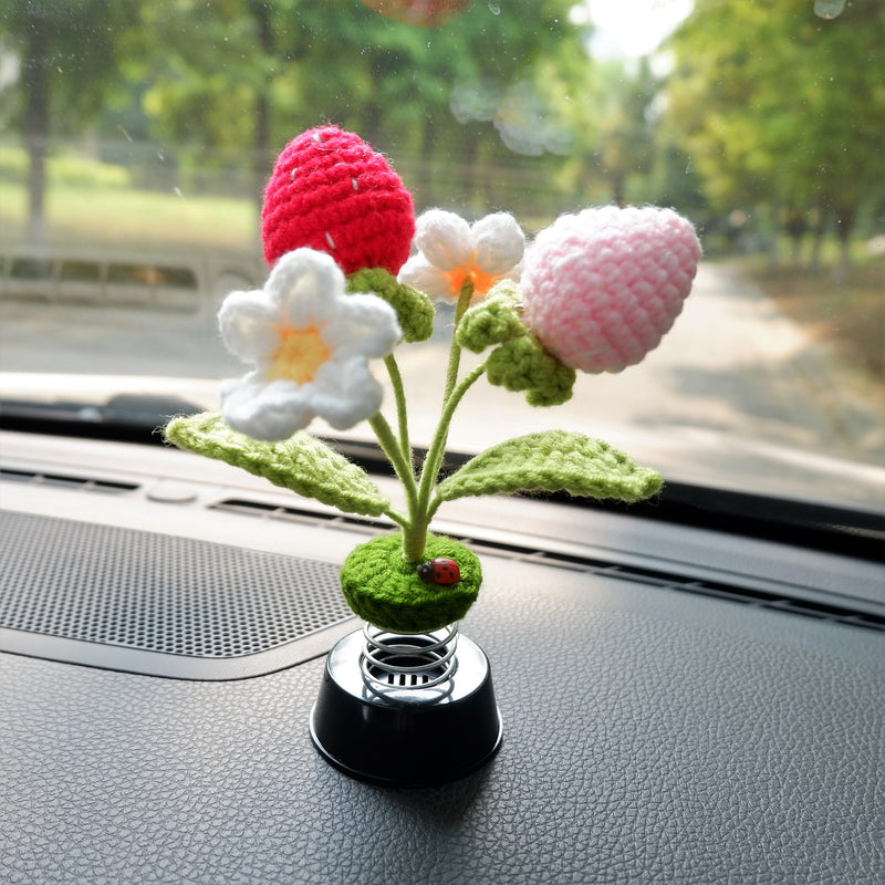 Cute Strawberry Car Interior Accessories, Crochet Strawberry & Daisy Car Dashboard Decor, Car Air Freshener, Boho Car Bobblehead Accessory