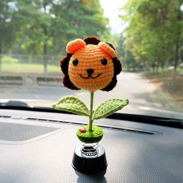 Crochet Animals Car Dashboard Decor, Cute Bobblehead Lion/Bunny/Deer/Sheep Car Interior Accessory for Women/Teens, Boho Car Air Freshener