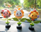 Cute Bobblehead Animals Car Dashboard Decor, Crochet Rainbow Sunflower Pig/Bunny/Bear Car Accessory for Women/Teens, Boho Car Air Freshener