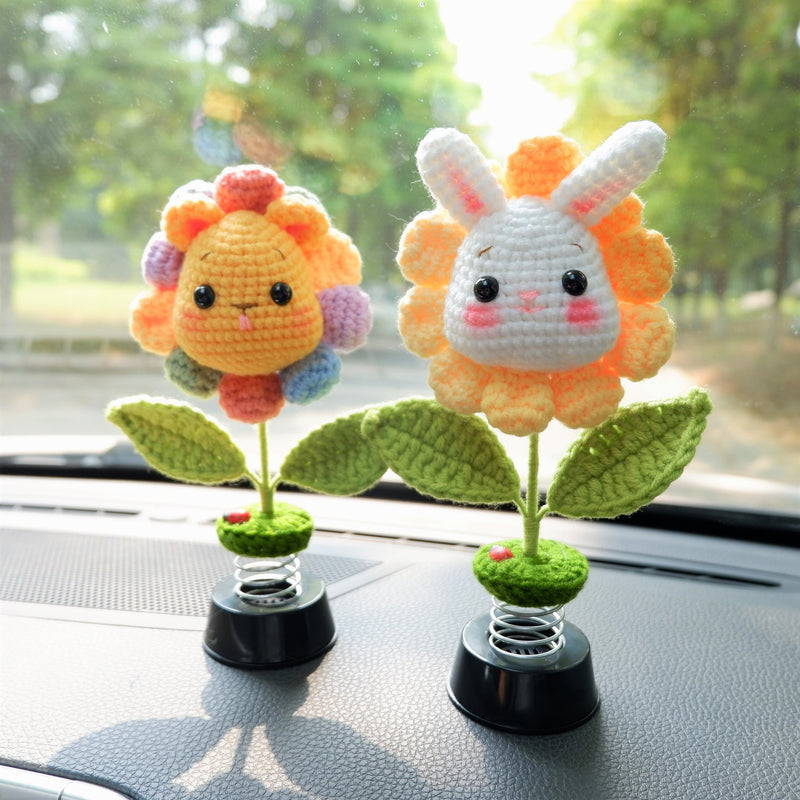 Cute Bobblehead Animals Car Dashboard Decor, Crochet Rainbow Sunflower Pig/Bunny/Bear Car Accessory for Women/Teens, Boho Car Air Freshener