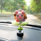 Cute Bobblehead Animals Car Dashboard Decor, Crochet Rainbow Sunflower Pig/Bunny/Bear Car Accessory for Women/Teens, Boho Car Air Freshener