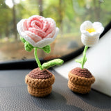 3pcs/2Pcs Mini Rose/Lily of the Valley Car Interior Accessories, Boho Gradient Rose Car Dashboard Decor, Cute Crochet Mini Potted Plant