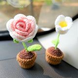 3pcs/2Pcs Mini Rose/Lily of the Valley Car Interior Accessories, Boho Gradient Rose Car Dashboard Decor, Cute Crochet Mini Potted Plant